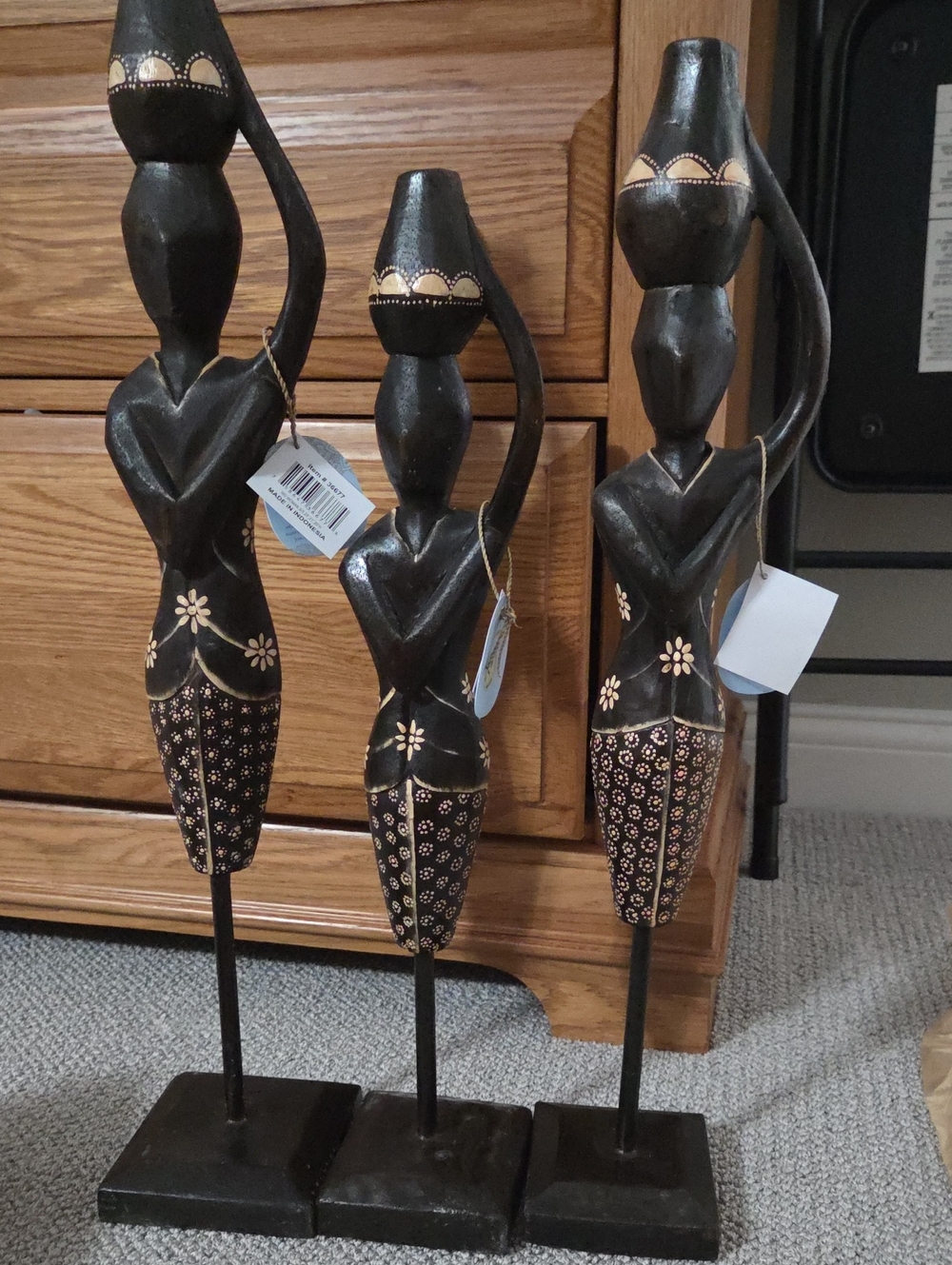 Wood Woman Standing African Sculpture with Baskets on Their Heads Handcrafted
